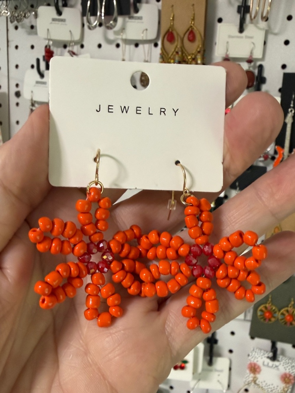 Orange Beaded Floral Drop Earrings